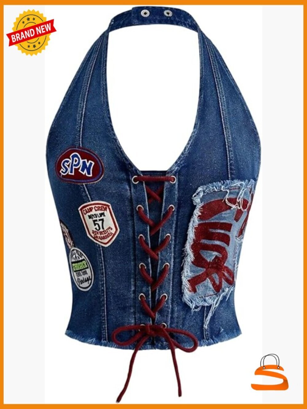 Y2k Graphic Crop Denim Halter Corset Top Sleeveless Lace Up Smocked Fit